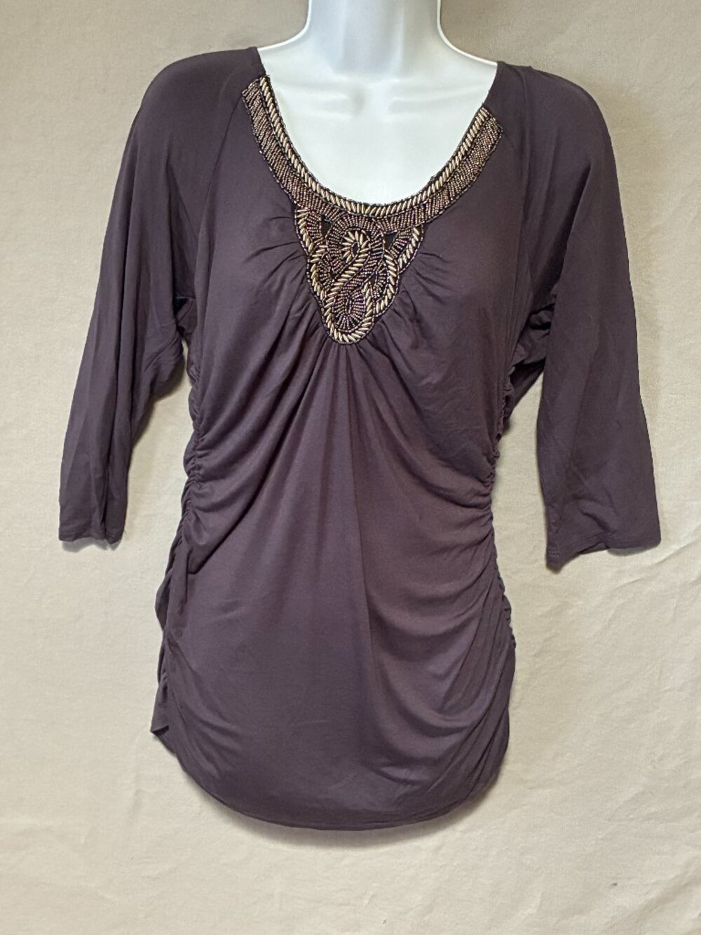 BOSTON PROPER Top Dress Large Gray Beads Ruched Tunic Boho Y2K Whimsigoth Fairy